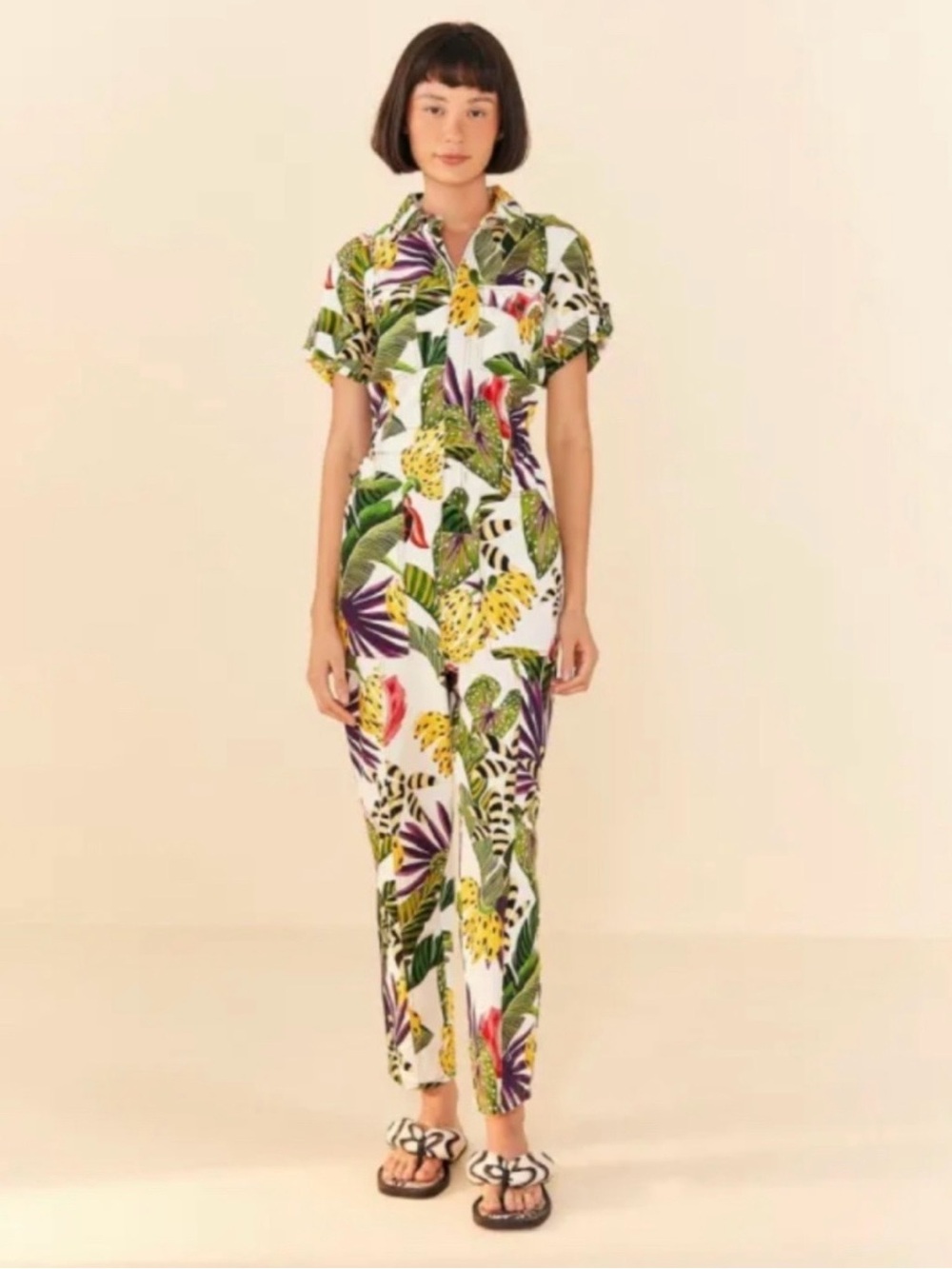 FarmRio Tropical Print Short-Sleeve Jumpsuit in White - Picture 2 of 12